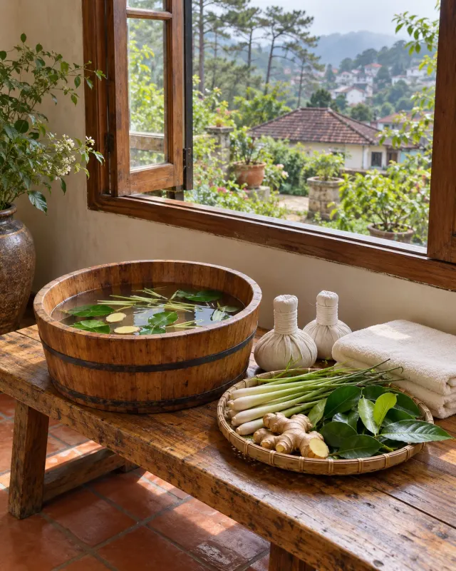 AI-created herbal foot bath, lemongrass and cotton compresses for the Mộc spa concept