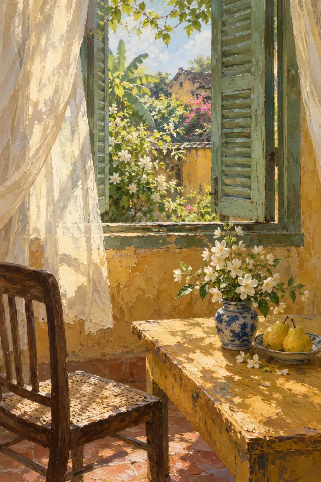 Original generated oil painting of a sunlit window for the Mai Lê artist concept