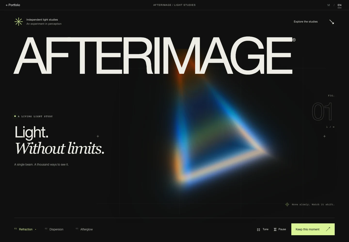 AFTERIMAGE light exhibition with a spectral prism and oversized typography