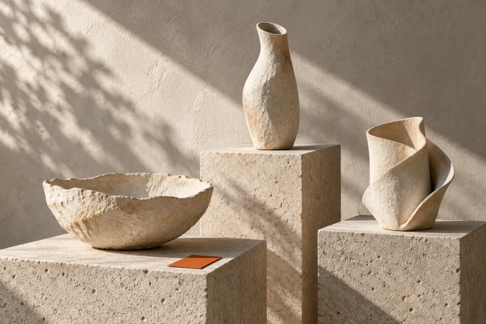 Three handmade ivory ceramic forms on limestone plinths in afternoon light