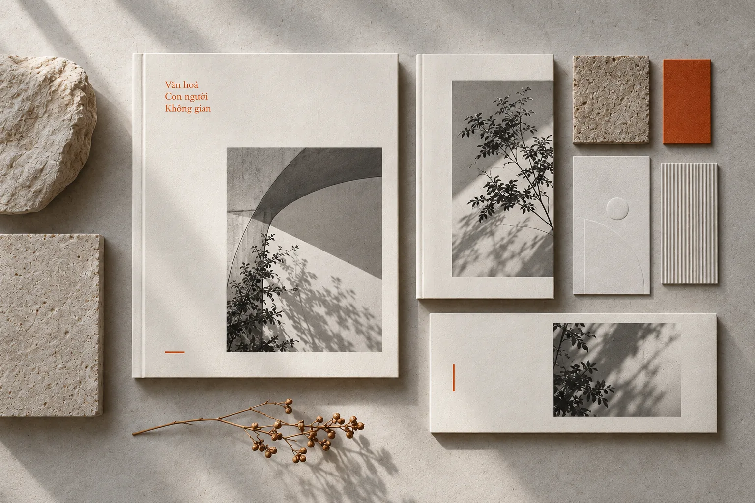 Ivory publications, architectural photographs, stone and orange paper arranged in sunlight