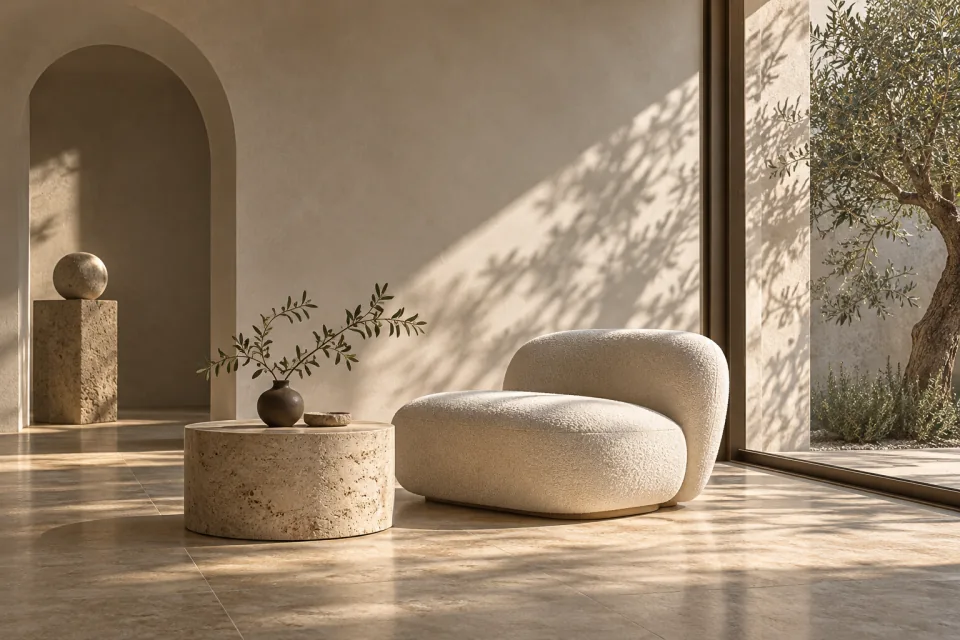 A sculptural ivory chair and travertine table in a sunlit, quiet interior