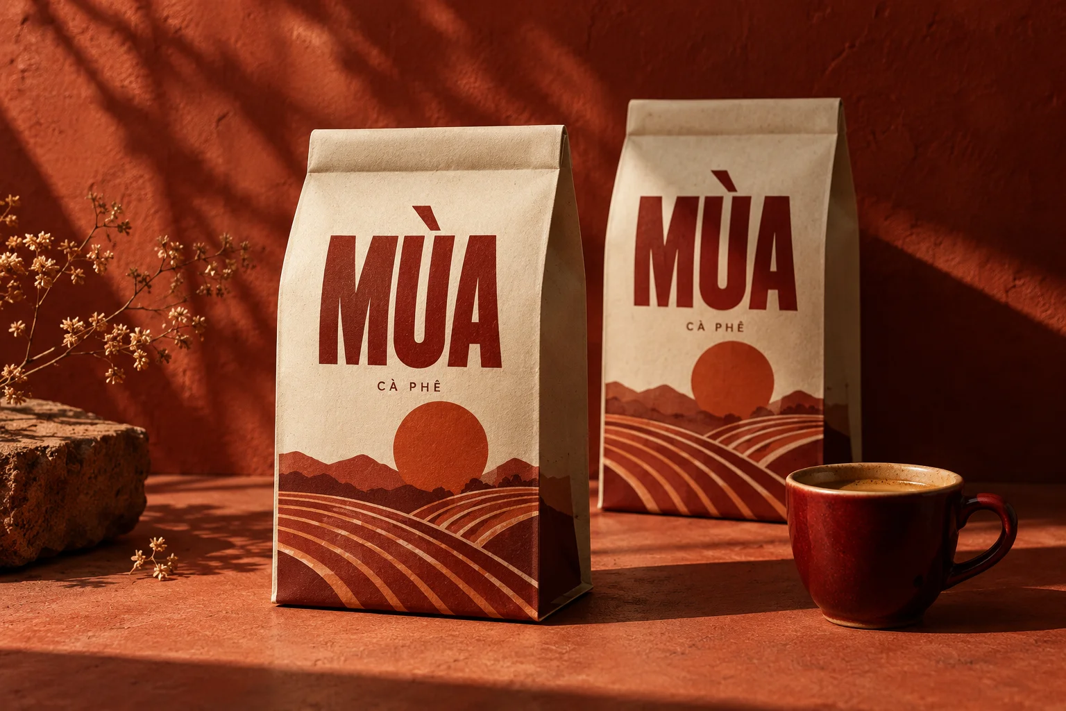 Cream MÙA coffee packaging and a burgundy cup on a terracotta backdrop