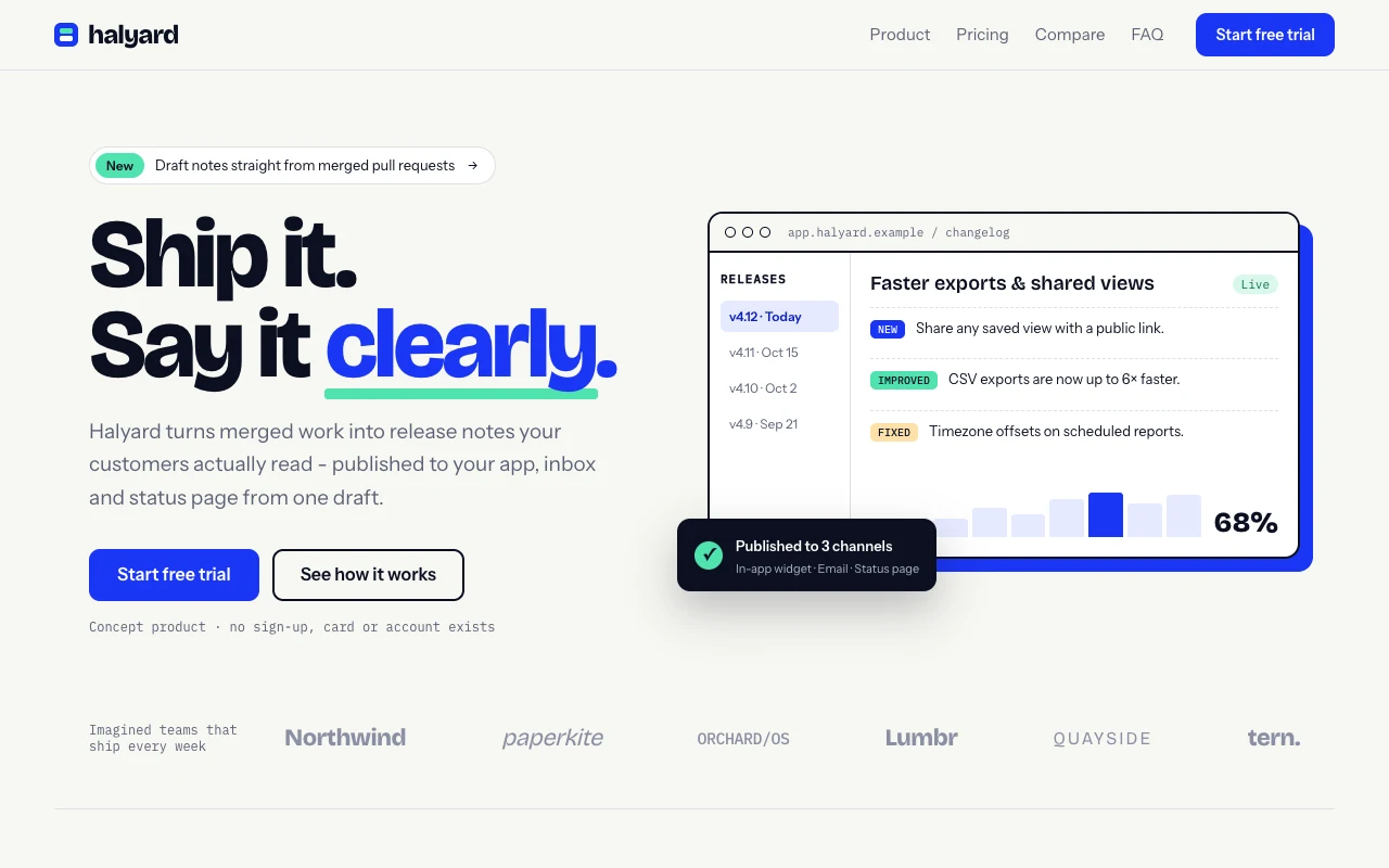 Halyard landing page with bold blue typography and a release notes preview