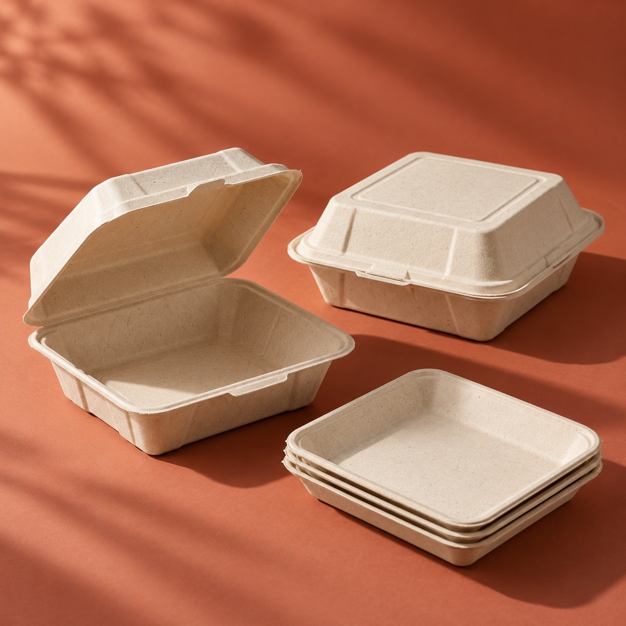 Open and closed molded fiber clamshell boxes on a terracotta background