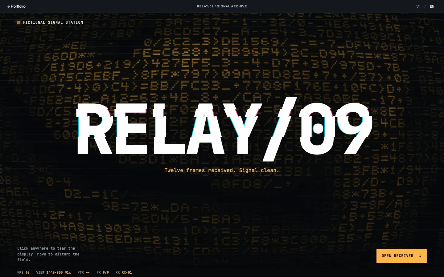RELAY/09 title with a glitch effect over a field of amber terminal glyphs